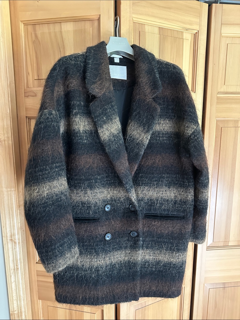 SOIA & KYO, Black, brown & cream striped double breasted pea coat